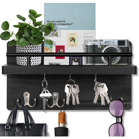 Væg Nøgleholder med Hylde og 7 Kroge - Sort - Kompatibel med Nøgler, Post, Tasker, Jakker - Ideel til Entréområder