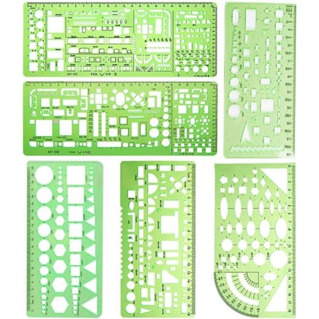 6 kpl Muovisia mittausmalleja Muottipohjat Piirustusviivaimet toimistoon ja kouluun, vaaleanvihreä, muovi