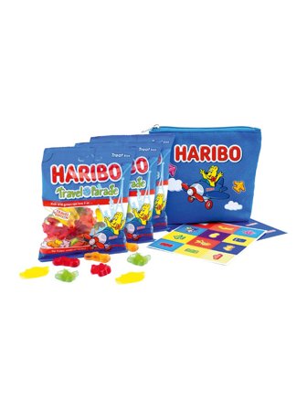 Haribo Travel Parade cotton bag with three bags of Travel Parade fruit gums and a memory game 300g 0.3kg
