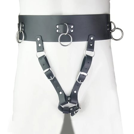 Läder Framtvingad Orgasm Bondage, BDSM Onani Apparat, Strap-on Dildo Vibrator Sele, Kyskhetstrosor, Handleds- till Lår Manschetter