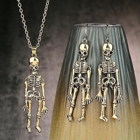 Halloween øreringe smykker menneskelige skelet vedhæng halskæde + kranium øreringe Antique Gold