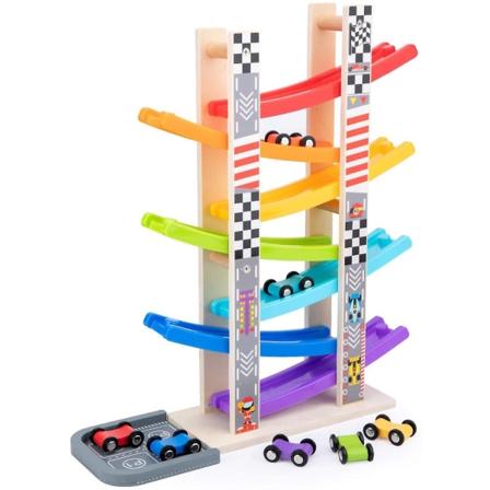 Toddler för 1 2 3 år gamla, träbilramp Racer- set med 7 minibilar och racerbanor