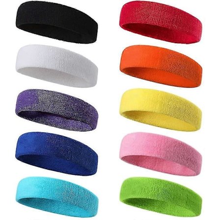 10 stk. Sports Pandebånd til Mænd og Kvinder, Svedbånd, Elastisk Hårbånd, Skridsikker Fugttransporterende Bomulds Pandebånd til Sport [DB]
