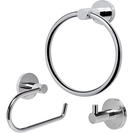 Toiletpapirholder sæt, 3 dele vægmonteret badeværelsestilbehør krom papirholder + håndklædering i rustfrit stål + tøjkroge, sølv