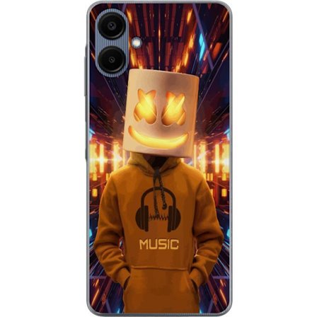 Kompatibel Mobilcover til Samsung Samsung Galaxy A06 DJ-figur med lysende hjelm og hættetrøje i futuristisk musikmiljø med neonlys.