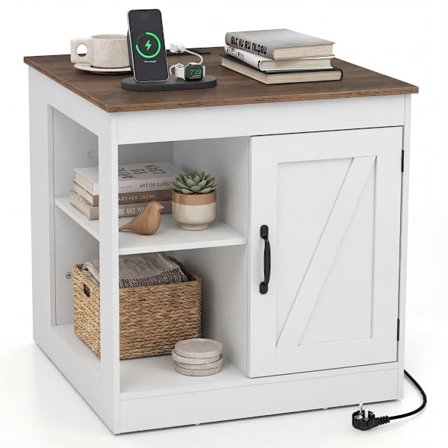 Yöpöytä latausasemalla ja säädettävillä hyllyillä