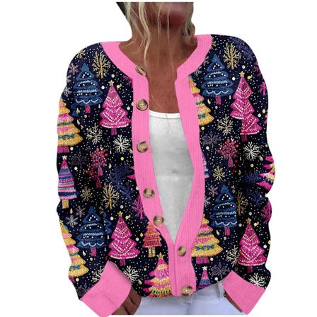 Julkofta för damer i stora storlekar med tryck, knappar, varm och bekväm grovstickad jacka