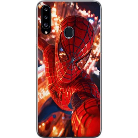 Kompatibelt Mobilskal till Samsung Samsung Galaxy A20s Spider Man i intensiv action med gnistrande ljus och dynamiskt perspektiv i filmisk superhjält