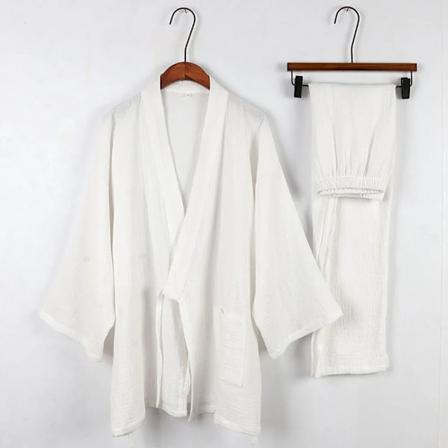 Bomuld Japansk Kimono Pyjamas Mænd Lange Ærmer Bukser Casual Home Service To-Stykke Sæt Komfortabelt Nattøj Plus Størrelse White M