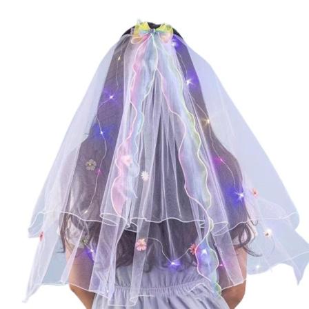 Blinkande slöja med LED-ljus Pärlbåge Lång spetsslöja Huvudbonad Blomdekor Brudhuvudbonad Härlig fotorekvisita Like the picture