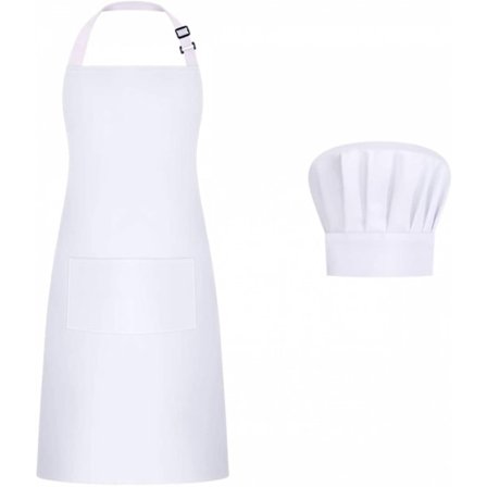Apron and Chef Hat Set, Adjustable Bib Apron for Bakers and Cooks, Women and Men, White