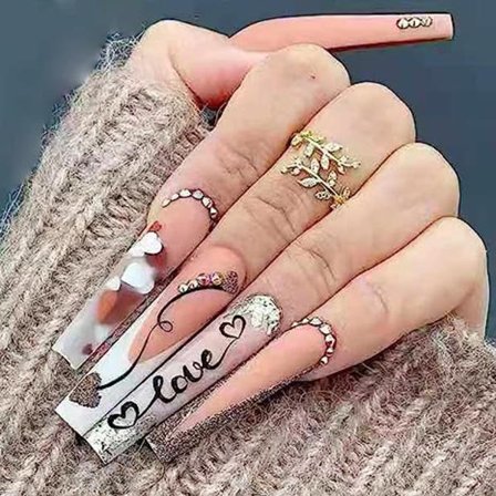 Valentinsdag Tryk på Negle Lange Hjerte Falske Negle med Neglelim Mat Nude Co