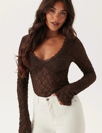 Bubbleroom V-Neck Lace Top - Brown - L x 54