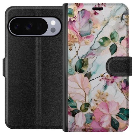 Kompatibel Tegnebogsetui til Google Pixel 10 Pro XL Abstrakt marmormønster med blomster, blade og gyldne detaljer i bløde pastelfarver