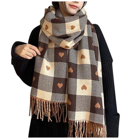 Reversibelt rutete skjerf med kjærlighetstrykk for kvinner og menn, varmt skjerf med dusker, tykt og mykt pleddskjerf