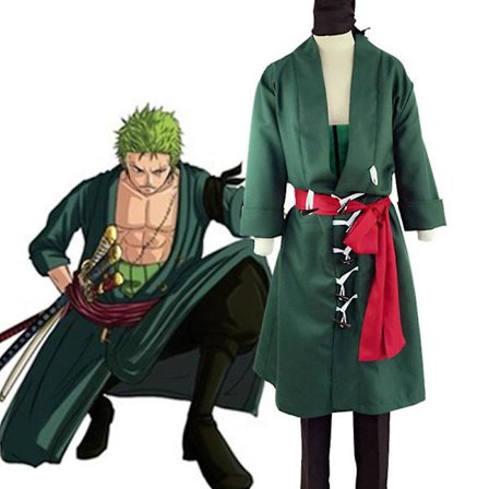 Japansk Anime Roronoa Zoro Cosplay Kostym Halloween Robe Full Set Kerchief Peruk Kappa Byxor Ärmar Bälte Grön Kimono