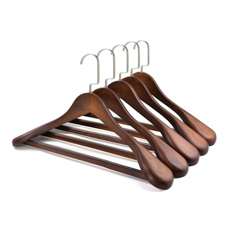 Luksuriøse brede træbøjler med låsebar stang, 5-pak