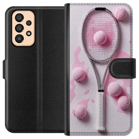 Kompatibel Tegnebogsetui til Samsung Samsung Galaxy A33 5G Rosa glaskugler og tennisketsjer i et kreativt stillbillede med legende popfølelse og mode