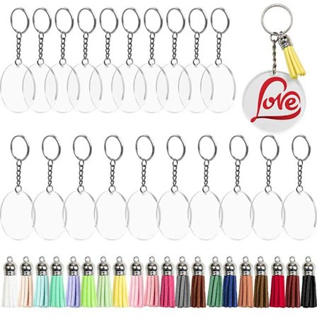 80 stk. gjennomsiktige akryl nøkkelringer med rund skive, blanke nøkkelringer med dusk.