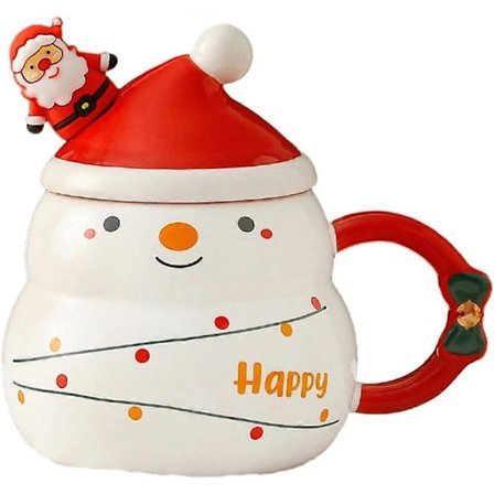 480ml/16oz Kreativt Jule Keramikkrus Med Låg Ske Tegneserie Julemand Vandkop-Julesnemand Hvid (LGL)