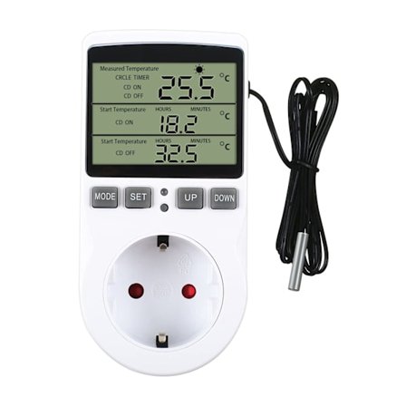 230V Temperaturregulator med Timer og Probe - Kontakt til Drivhus, Terrarium, Akvarium, Frøspiring, Opvarmning og Køling