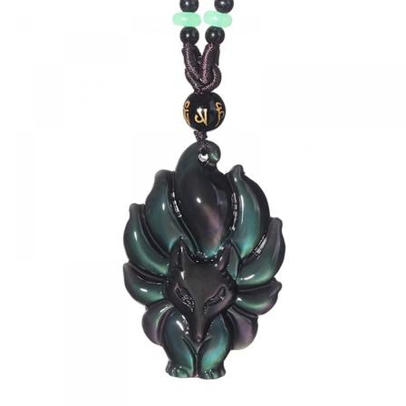 Obsidian-kristalli, yhdeksän hännän kettu, obsidiaaninen kaulakorun riipushelmi helmiketjulla Wenille (sateenkaari)