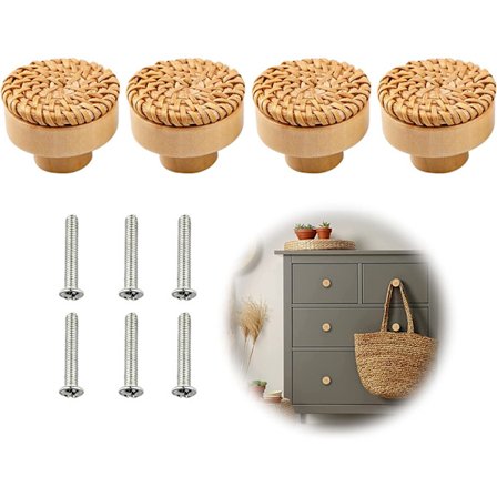 Bohemian Vintage Rattan Kabinetknopper med 6 Skruer