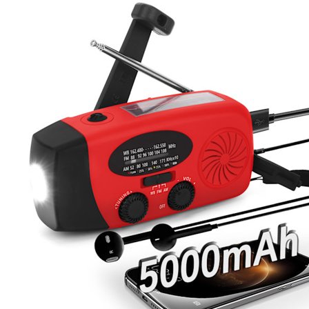 Håndsvingradio med solceller, LED-lommelygte og 5000mA powerbank SOS