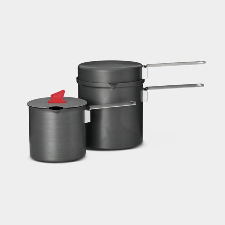 Campingkastruller & stekpanna Trek Pot Set, hårdanodiserad aluminium, med 2 kastruller (600 ml & 1 liter), 1 lock & 1 stekpanna (Ø14.5 cm)