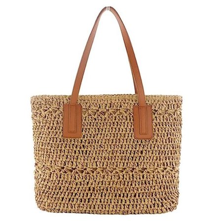 Stråtaske til kvinder, vævet strandtaske, struktureret tote, håndlavet hæklet sommer skuldertaske boheme rejsetaske