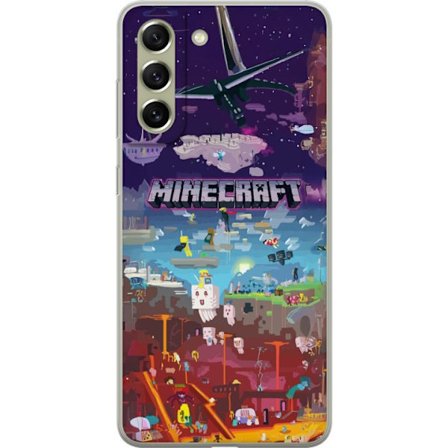 Kompatibelt Mobildeksel til Samsung Galaxy S21 FE 5G Minecraft verden med eventyrkarakterer og ikoniske omgivelser, fargerike blokkmotiver