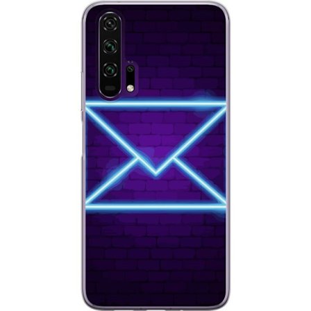 Kompatibel Mobilcover til Honor Honor 20 Pro Neon illustration af kuvert i blåt lys mod lilla teglvæg, moderne symbol for beskeder kommunikation og