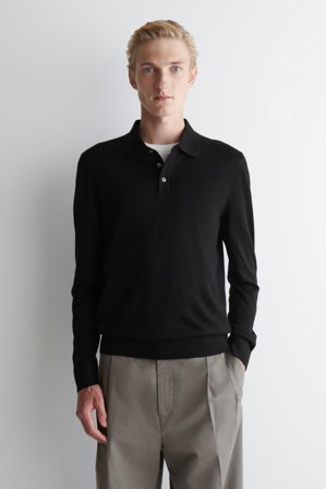 COS Men's Slim Merino Wool Polo Shirt in Black
