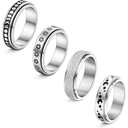 4 st. Snurrande Ringar i Rostfritt Stål för Kvinnor och Män - Spinnare Ringar med Blomma, Måne och Stjärna - Coola Ringar för Stressreducering - 