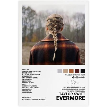 Pop-sångare Canvas Poster för Taylor Swift För Rum Estetisk Canvas Väggkonst Sovrum EVERMORE 20*30CM EVERMORE 20*30CM