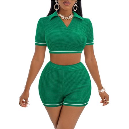 Dam Tracksuit med Rutiga Kragar, Kortärmad och Shorts