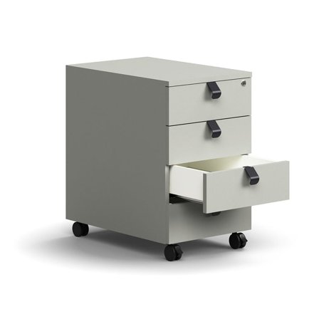 Skuffeelement med hjul QBUS, 4 skuffer inkl. greb, låsbar, lysegrå