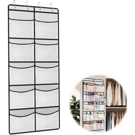 Hängande förvaring, 10 stora fickor hängande hylla med 4 metallkrokar, väggmonterad förvaring kompatibel med förvaring av strumpor, böcker, snacks (