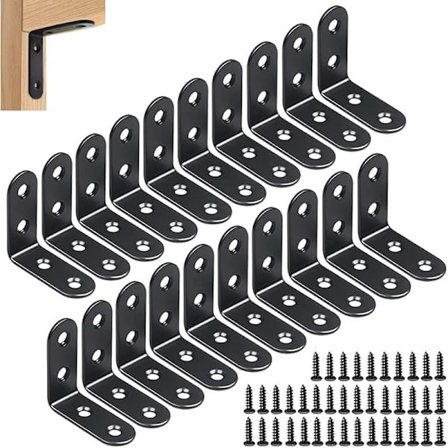 20 st 40 x 40 mm Svarta Hörnstag i Rostfritt Stål 90 Graders L-Formad Rätvinkelvinkel med 80 st Skruvar