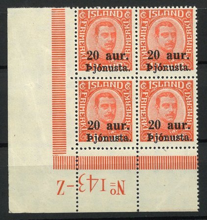 Island - AFA 43 og 43x i nedre marginal 4-blok - Postfrisk