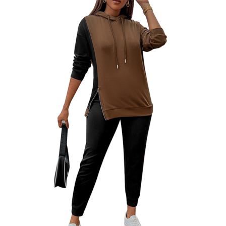 Ladies Dragkedja Långärmad Sweatsuit Color Block Tvådelad Outfit