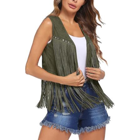 Kvinners Langt Frynser Suede Vest Åpen Front V-Hals Ensfarget Nitt Dekor Dame Vintage Frynser Vest Streetwear Army Green M