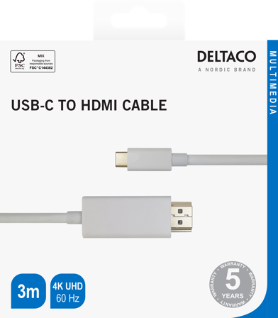 Deltaco USB-C - HDMI cable, 4K UHD, gold plated, 3m, white