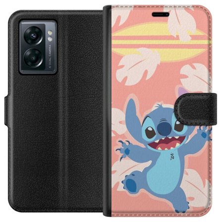 Kompatibel Tegnebogsetui til OnePlus Nord N300 Glad illustration af Stitch der hopper foran lyserød baggrund med surfbræt