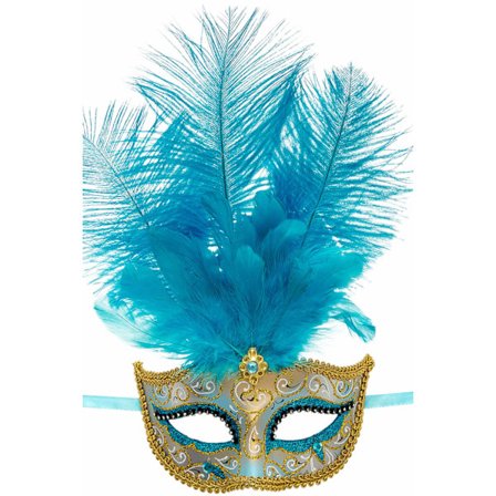 Ansiktsmask - Blue Venetian mask with gold , glitter and feathers