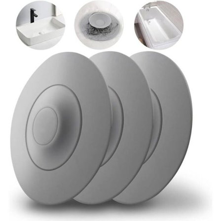 3 Grå Silikonpluggar för Badkar och Diskbänkar, Universal, med Mat- och Hårfilter