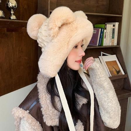 Faux Fur Beanies Hat Katteøre Strikket Hue BEIGE beige