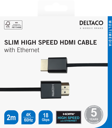 Deltaco Ultra-thin HDMI cable, 4K UHD, 2m, black