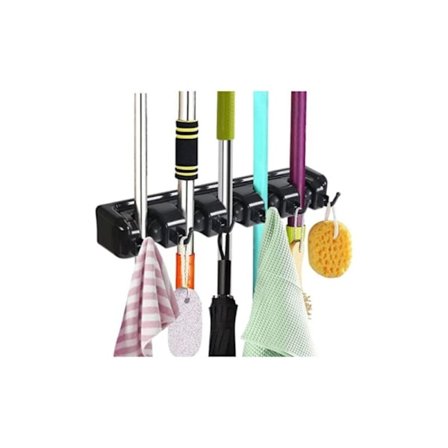 Multifunktionell väggmonterad kvast- och förvaringshylla med 5 fack och 6 krokar för kök, garage, tvättstuga