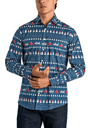 Lindbergh AOP Christmas Shirt L/S Skjortor Herr Blå XXL